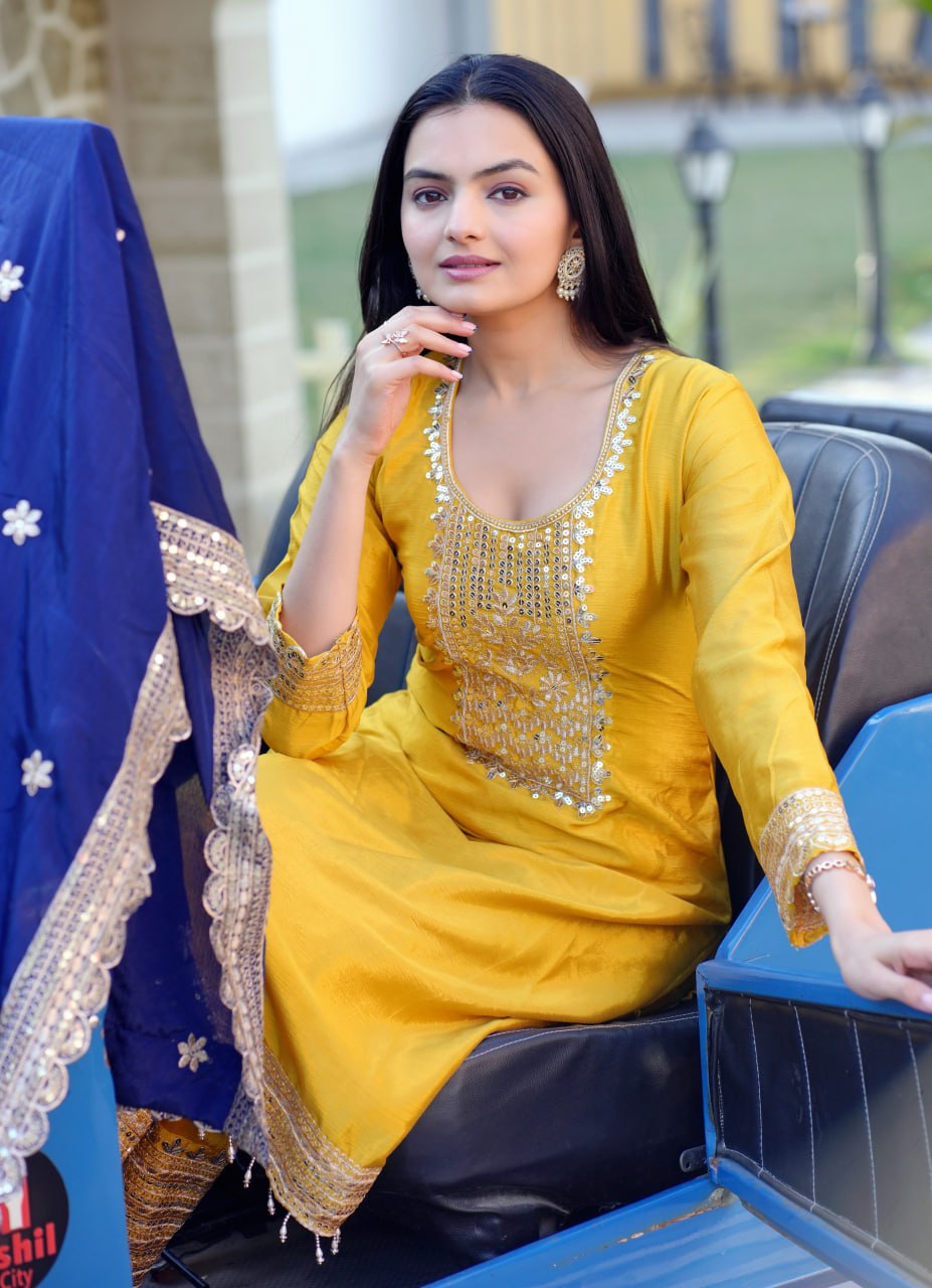 Mustard Yellow Chinon Suit with Heavy Embroidery & Navy Blue Dupatta | Elegant Festive Wear