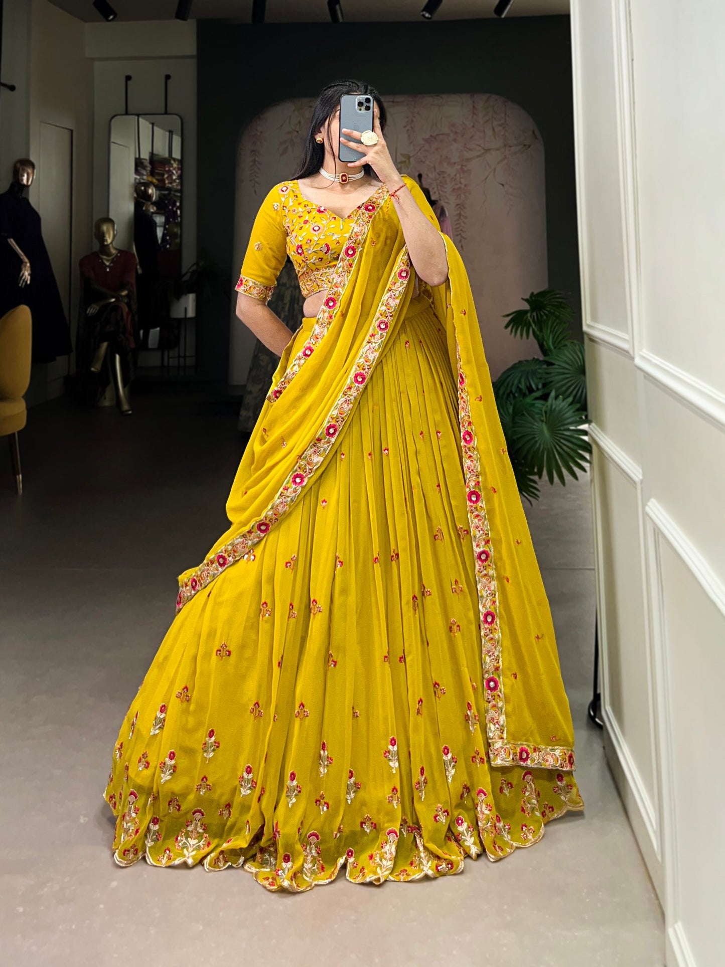 Mustard Yellow Embroidered Georgette Lehenga Set | Elegant Bridal & Festive Wear