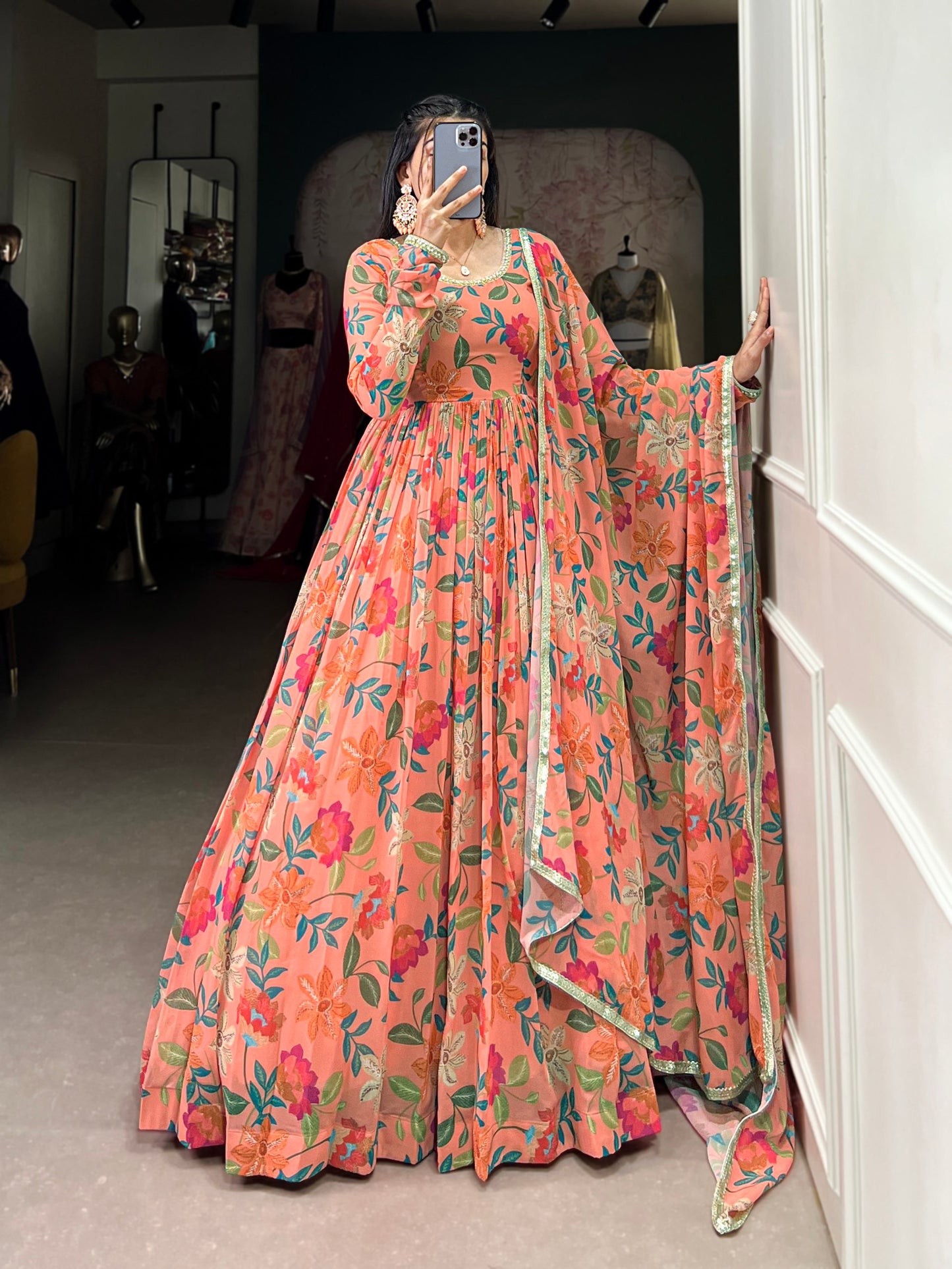 Peach Floral Print Georgette Gown Set | Elegant Festive & Party Wear
