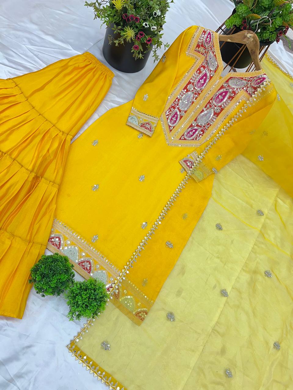 Mustard Yellow Chinon Silk Gharara Set | Elegant Festive & Party Wear