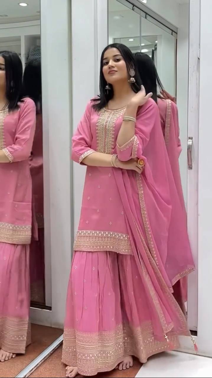 Elegant Pink Chinon Silk Sharara Set | Festive & Wedding Wear