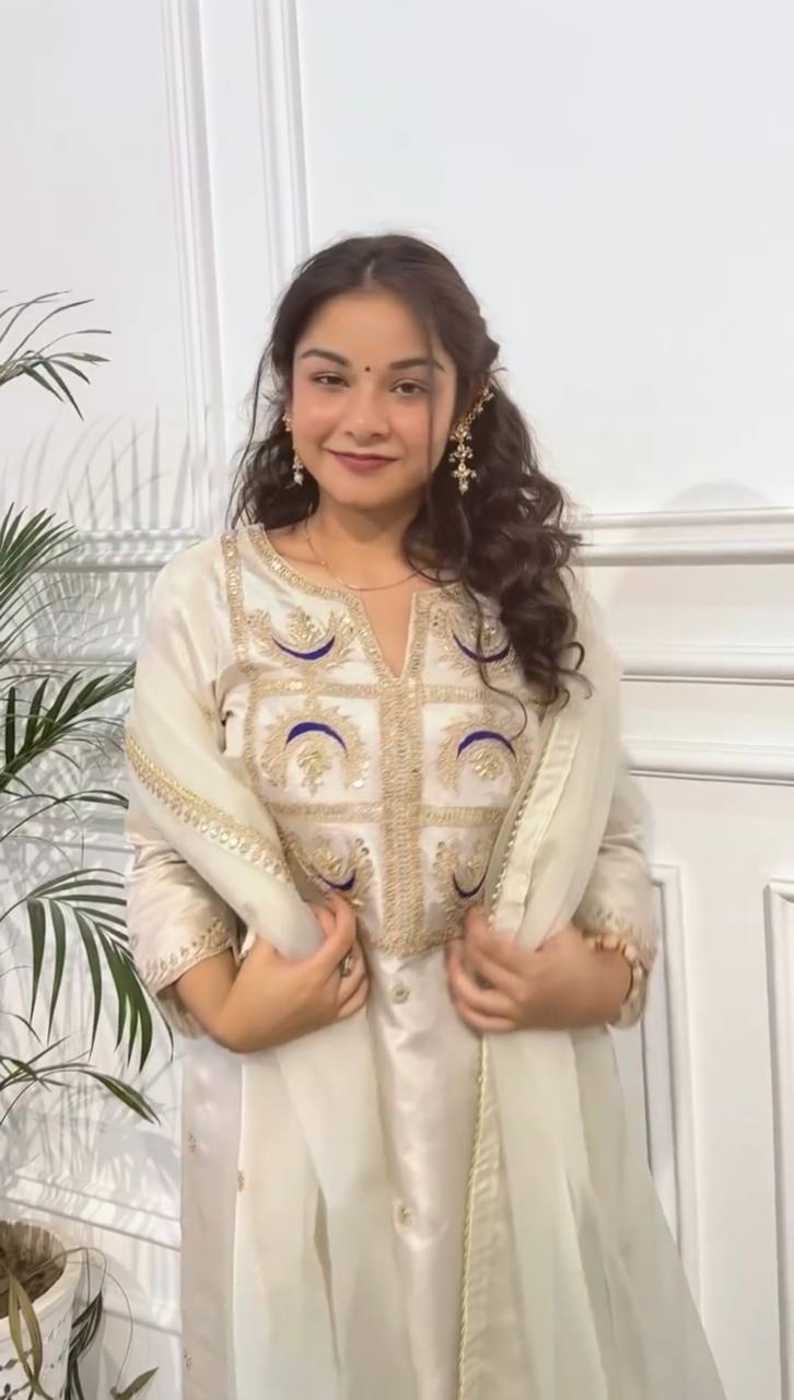 Graceful Off-White Vichitra Silk Suit Set | Festive & Wedding Wear