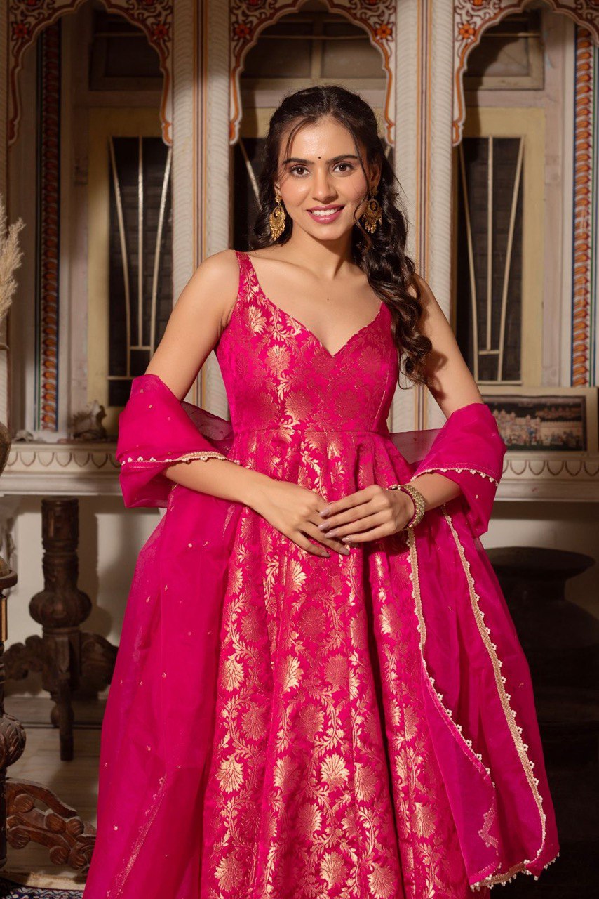 Radiant Pink Jacquard Silk Anarkali Set | Festive & Wedding Wear