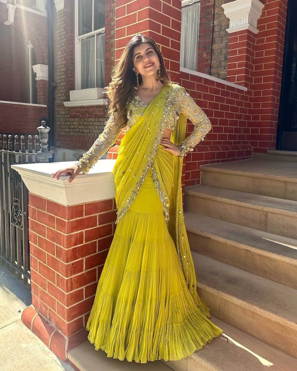 Lime Green Faux Georgette Lehenga Saree Set | Elegant Party & Festive Wear