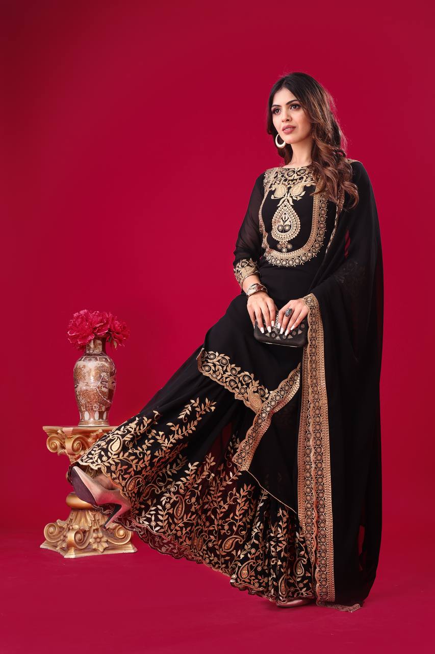 Blooming Faux Georgette Embroidered Black Co-Ord Set with Plazzo and Dupatta – Ready-to-Wear Ethnic Outfit for Women