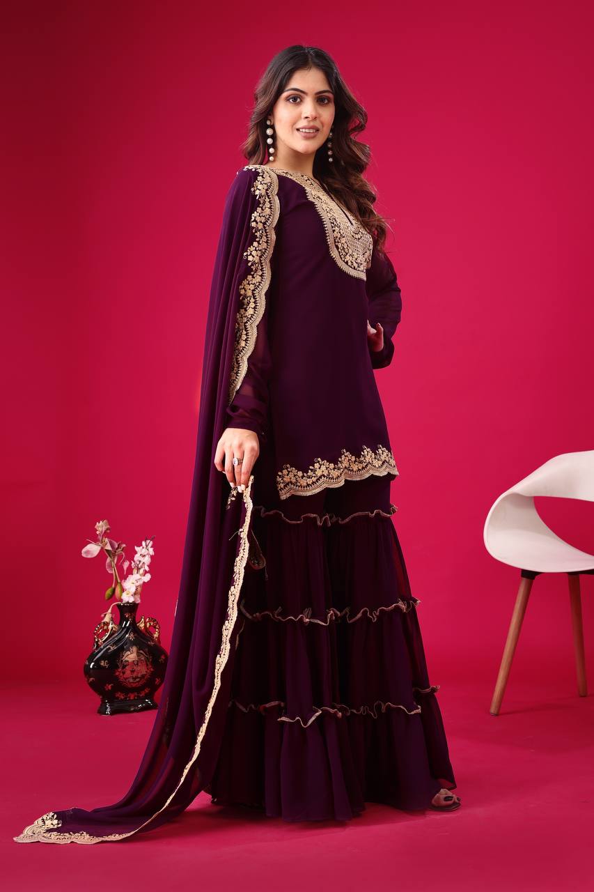 Blooming Faux Georgette Embroidered Co-Ord Set with Plazzo and Dupatta – Ready-to-Wear Indian Outfit for Women