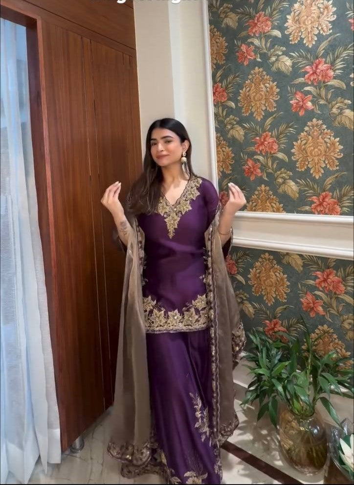 Pure Chinnon Silk Embroidered Co-Ord Set with Plazzo and Jimmy Choo Dupatta – Ready-to-Wear Ethnic Outfit for Women