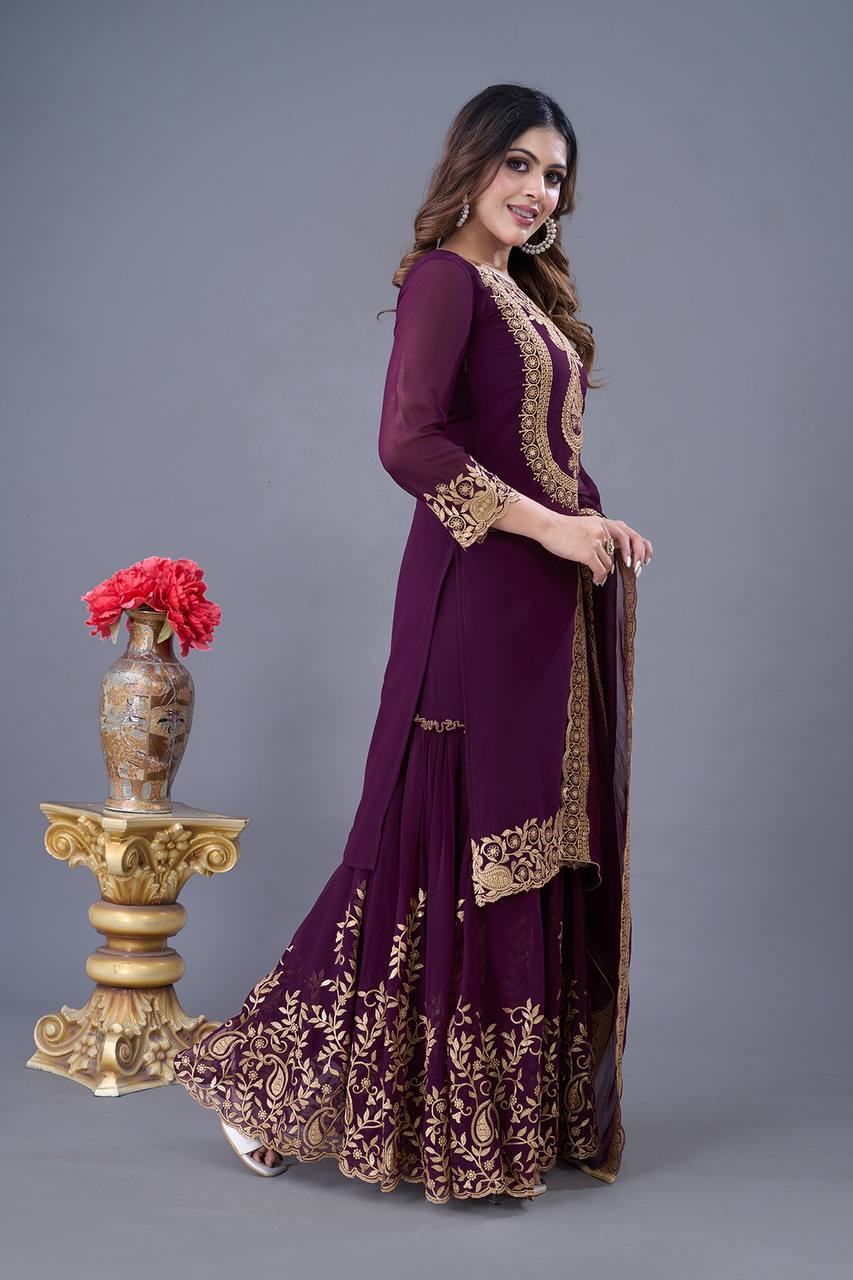 Blooming Faux Georgette Embroidered Purple Co-Ord Set with Plazzo and Dupatta – Ready-to-Wear Ethnic Outfit for Women