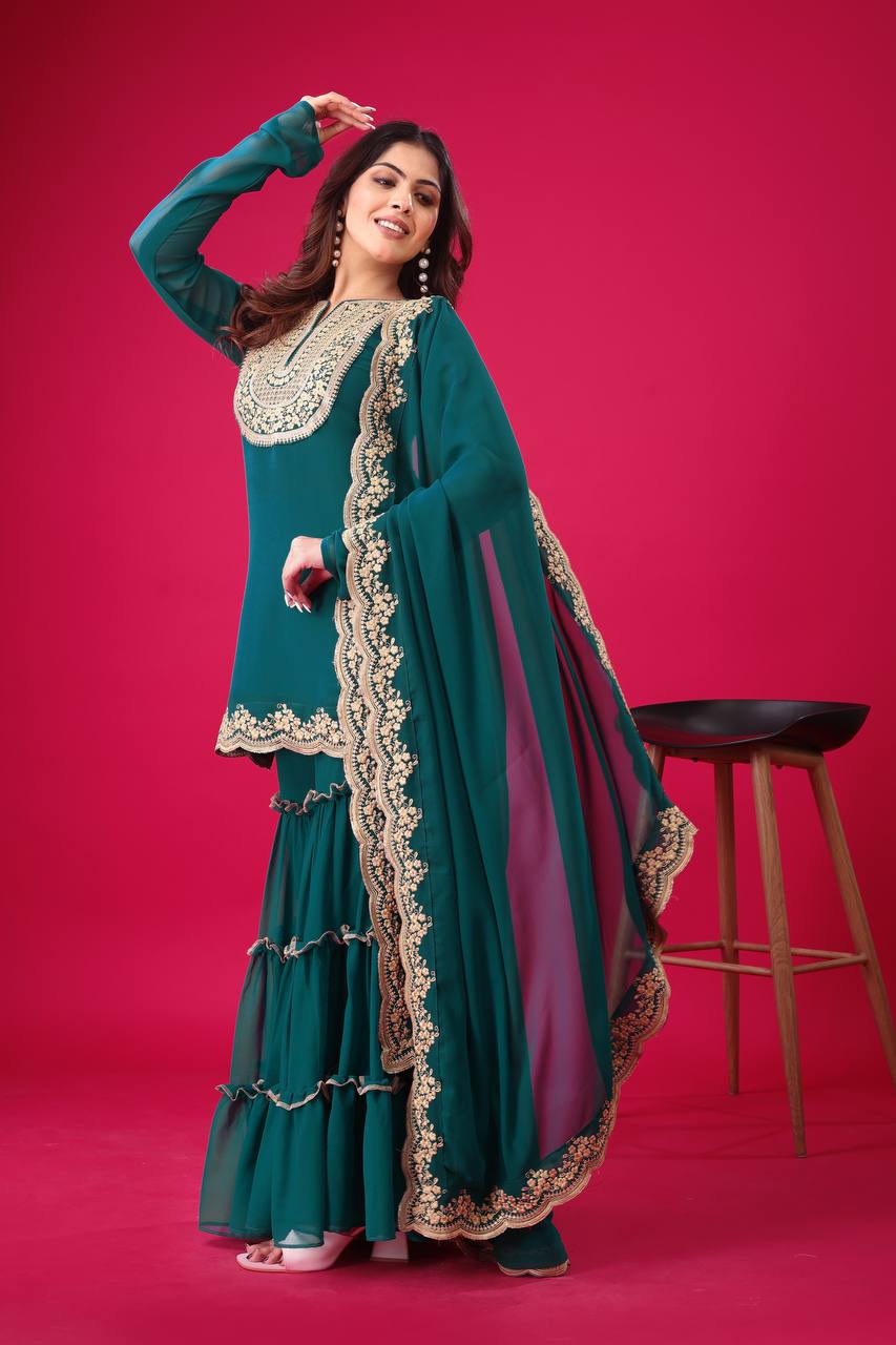 Blooming Faux Georgette Embroidered Co-Ord Set with Plazzo and Dupatta – Fully Stitched Ethnic Outfit for Women