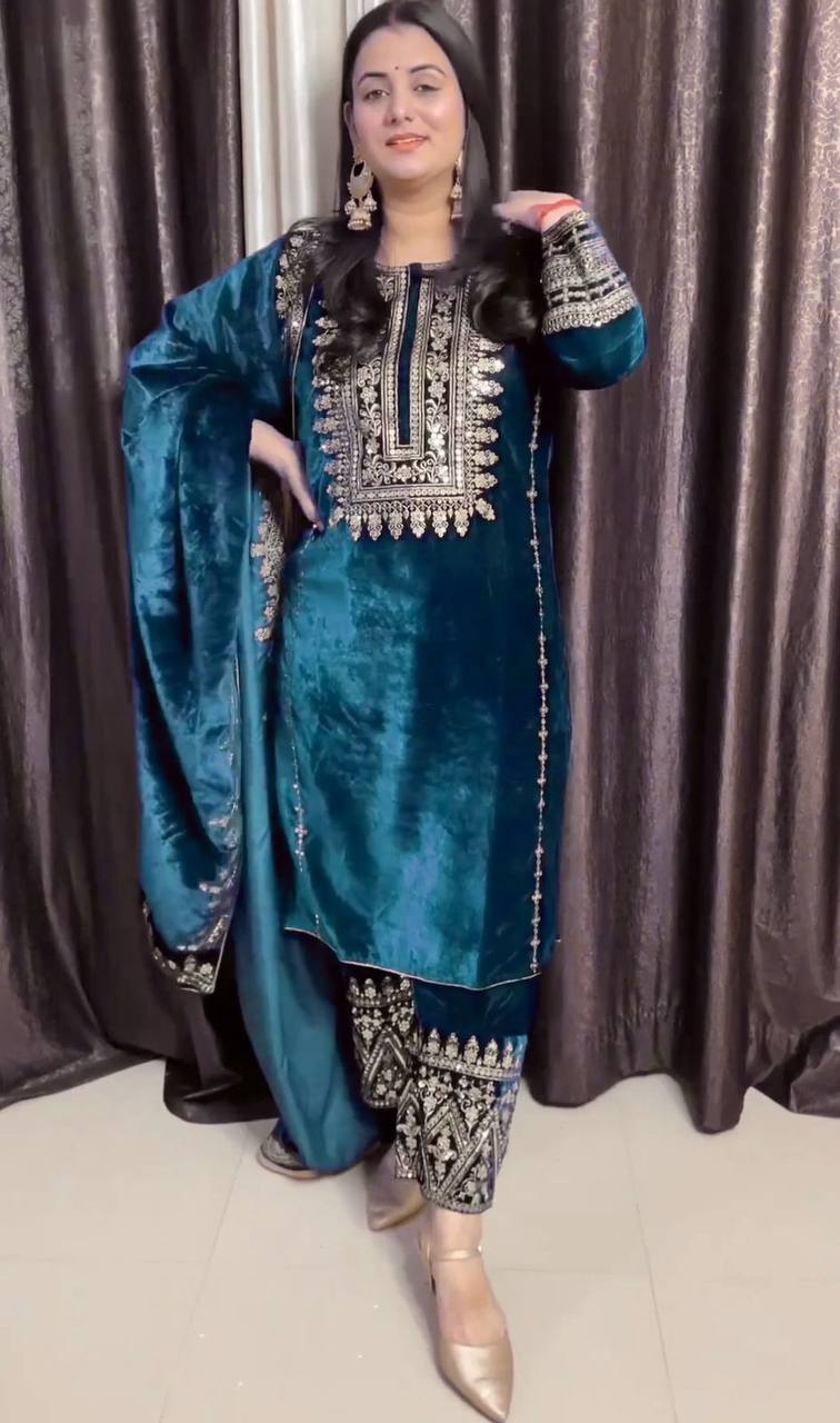 Heavy Viscose Velvet Embroidered Blue Suit Set with Dupatta – Ready-to-Wear Ethnic Outfit for Women