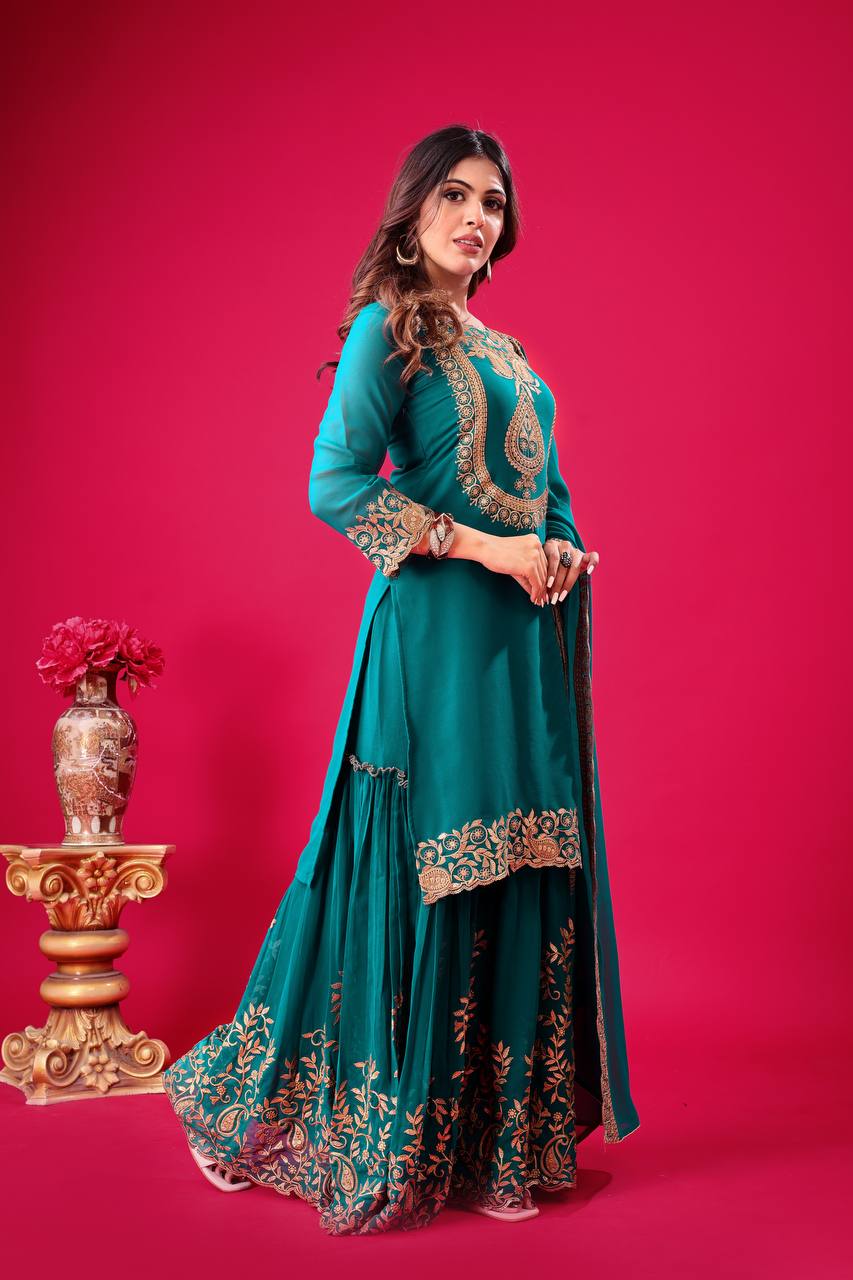 Blooming Faux Georgette Embroidered Bottle Green Co-Ord Set with Plazzo and Dupatta – Ready-to-Wear Ethnic Outfit for Women