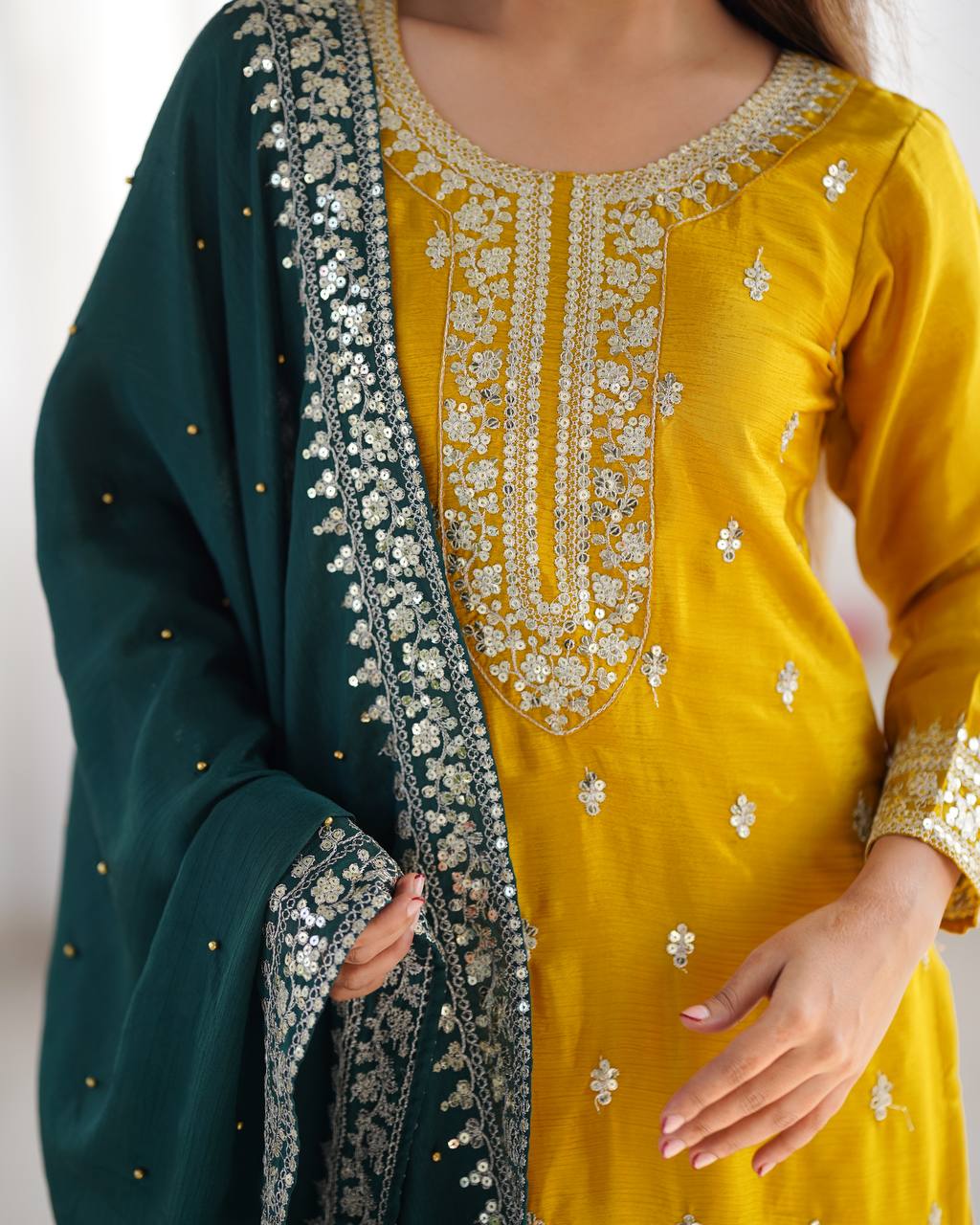 Chinnon Silk Heavy Embroidered Yellow Suit Set with Dupatta – Fully Stitched Ready to Wear