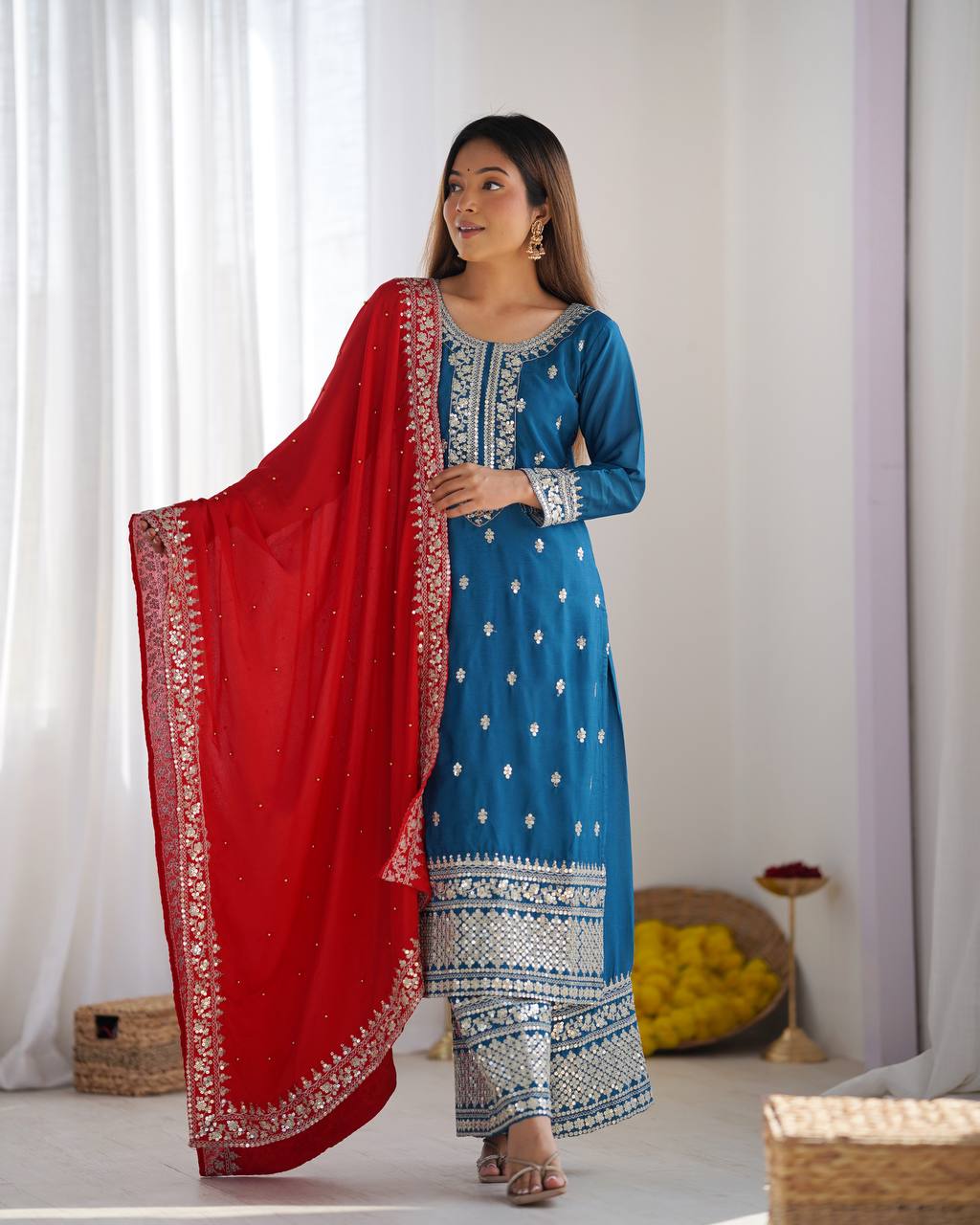 Chinnon Silk Heavy Embroidered Blue Suit Set with Dupatta – Fully Stitched Ready to Wear