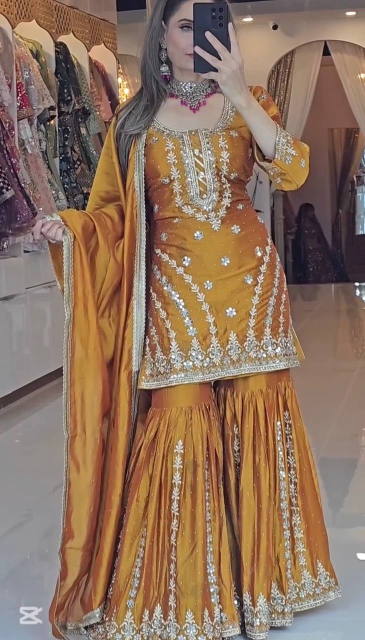 Heavy Faux Georgette Embroidered Gharara Set with Dupatta – Fully Stitched Ready to Wear