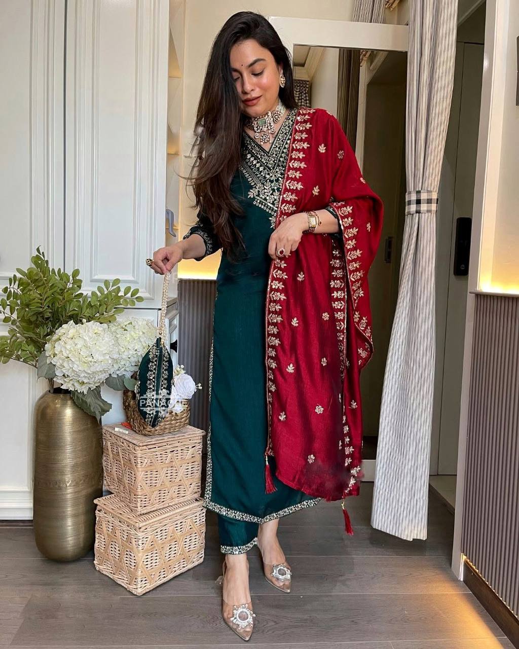 Chinnon Silk Embroidered Suit Set with Dupatta – Fully Stitched Ready to Wear