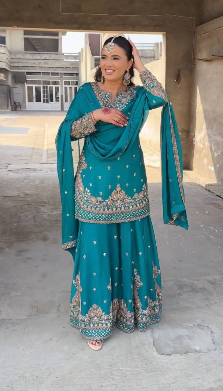 Heavy Chinnon Silk Embroidered Firozi Sharara Set with Dupatta – Fully Stitched Ethnic Wear for Women
