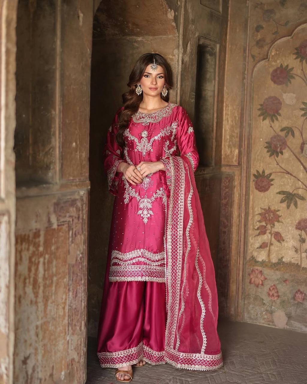 Heavy Chinnon Silk Embroidered Pink Sharara Suit with Dupatta – Fully Stitched Festive Wear for Women