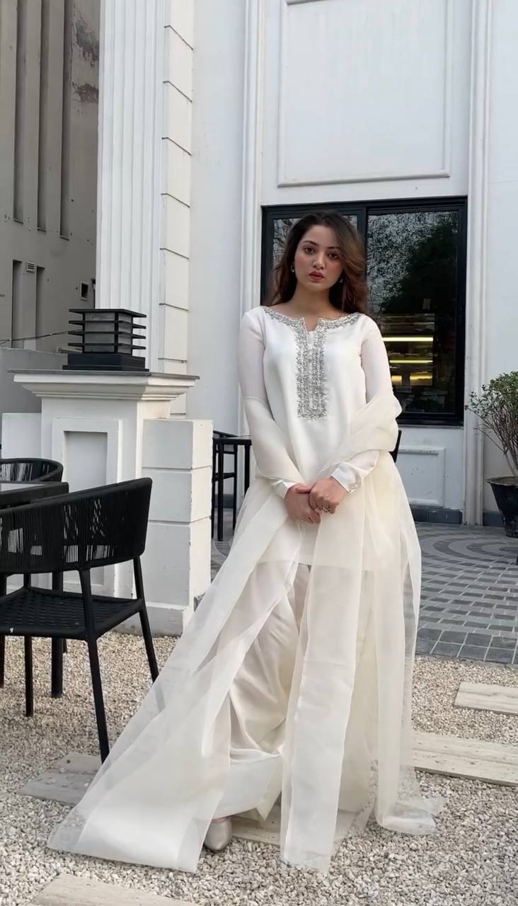 Faux Georgette Embroidered White Suit with Farshi Pant and Dupatta – Fully Stitched Handwork Ethnic Set