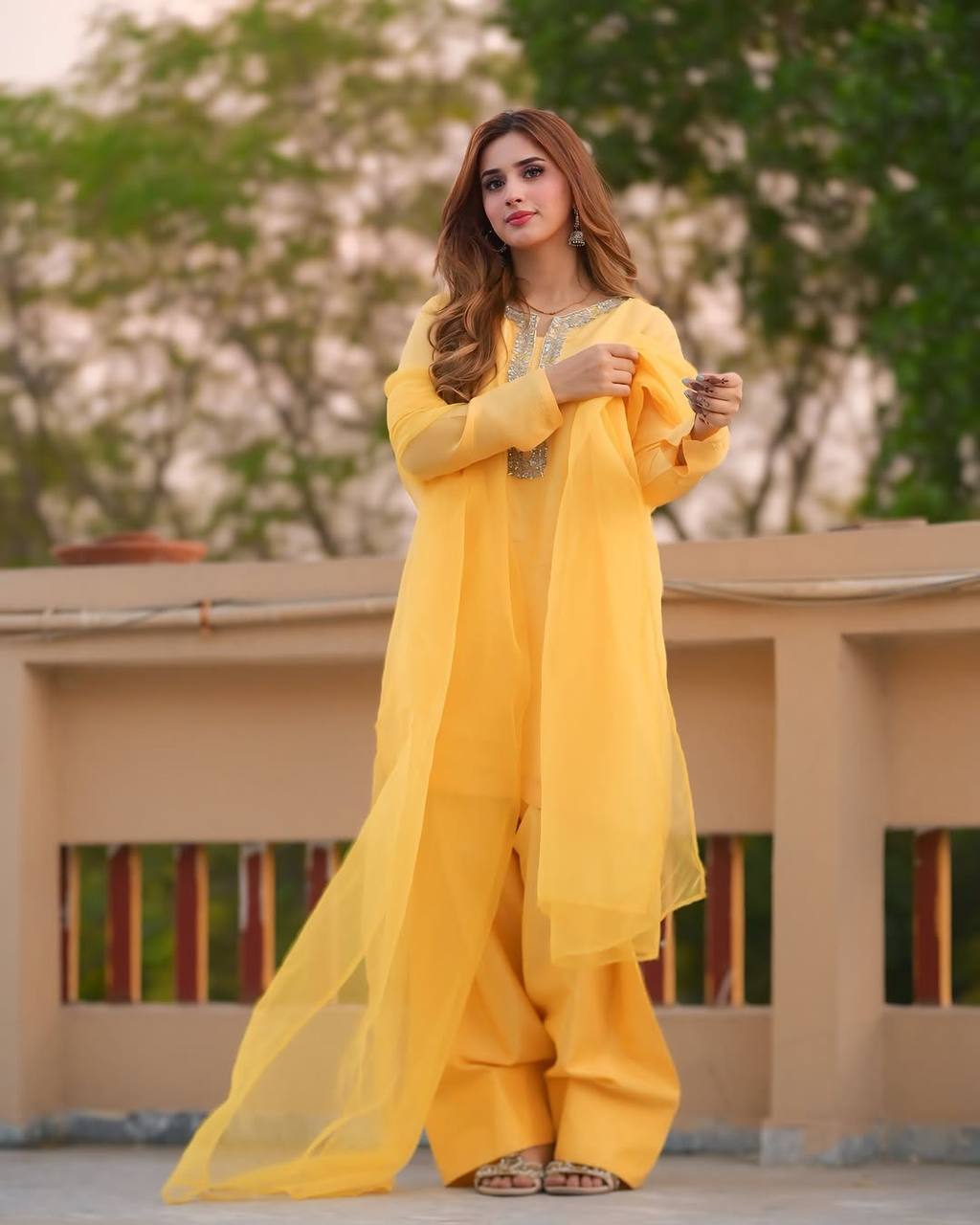 Faux Georgette Embroidered Yellow Suit with Farshi Pant and Dupatta – Fully Stitched Handwork Ethnic Set