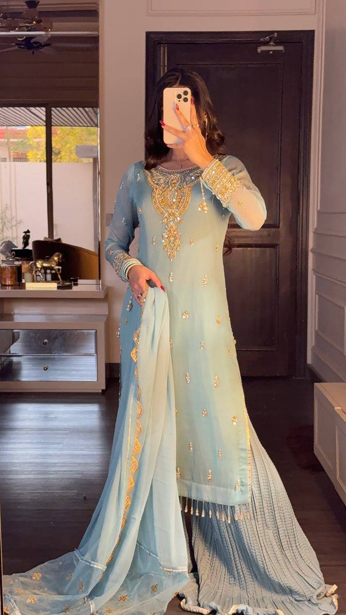 Heavy Faux Georgette Embroidered Suit Set with Plazzo and Dupatta – Fully Stitched Festive Wear for Women