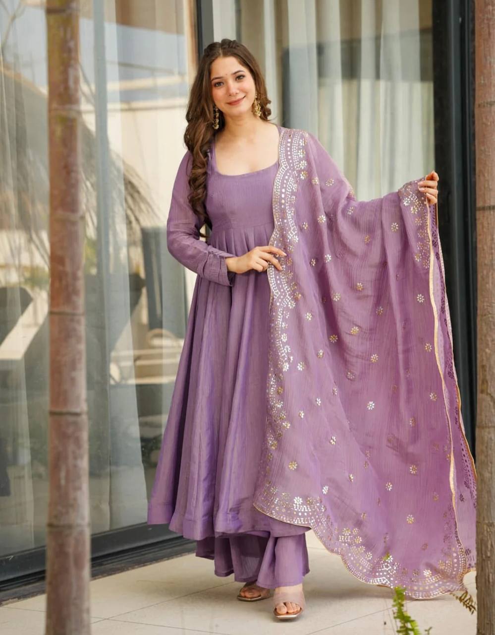 Heavy Fandy Silk Embroidered Lavender Gown Set with Dupatta – Fully Stitched Ethnic Partywear for Women