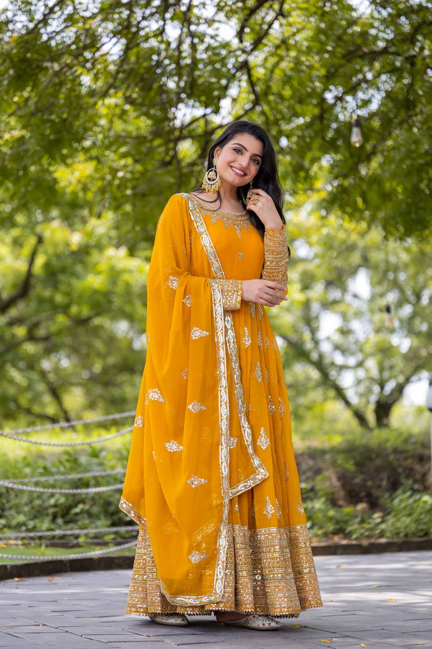Faux Georgette Embroidered Gown Set with Dupatta – Fully Stitched Designer Ethnic Wear for Women