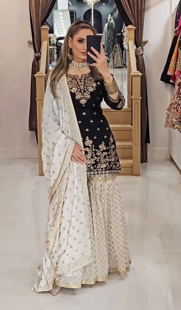 Heavy Faux Georgette Sharara Suit Set with Dupatta – Fully Stitched Embroidered Ethnic Wear for Women