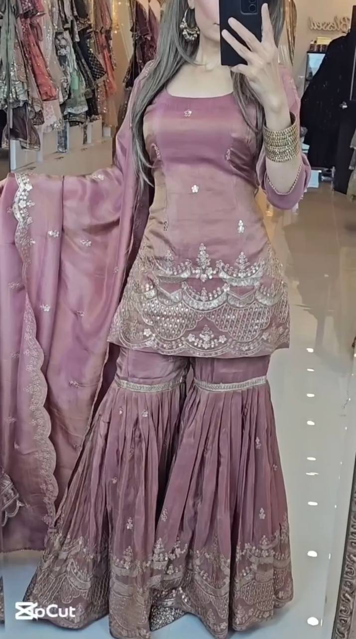 Designer Heavy Chinon Silk Sharara Suit with Embroidery Sequence Work and Dupatta – Fully Stitched Partywear Set