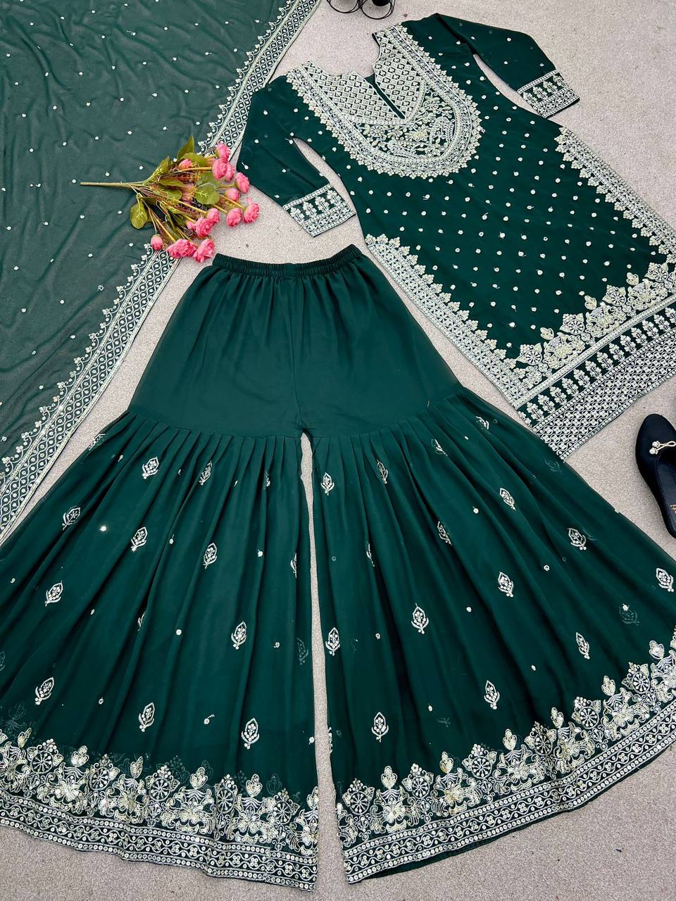 Heavy Faux Georgette Embroidered Green Gharara Set with Dupatta – Fully Stitched Ethnic Partywear for Women