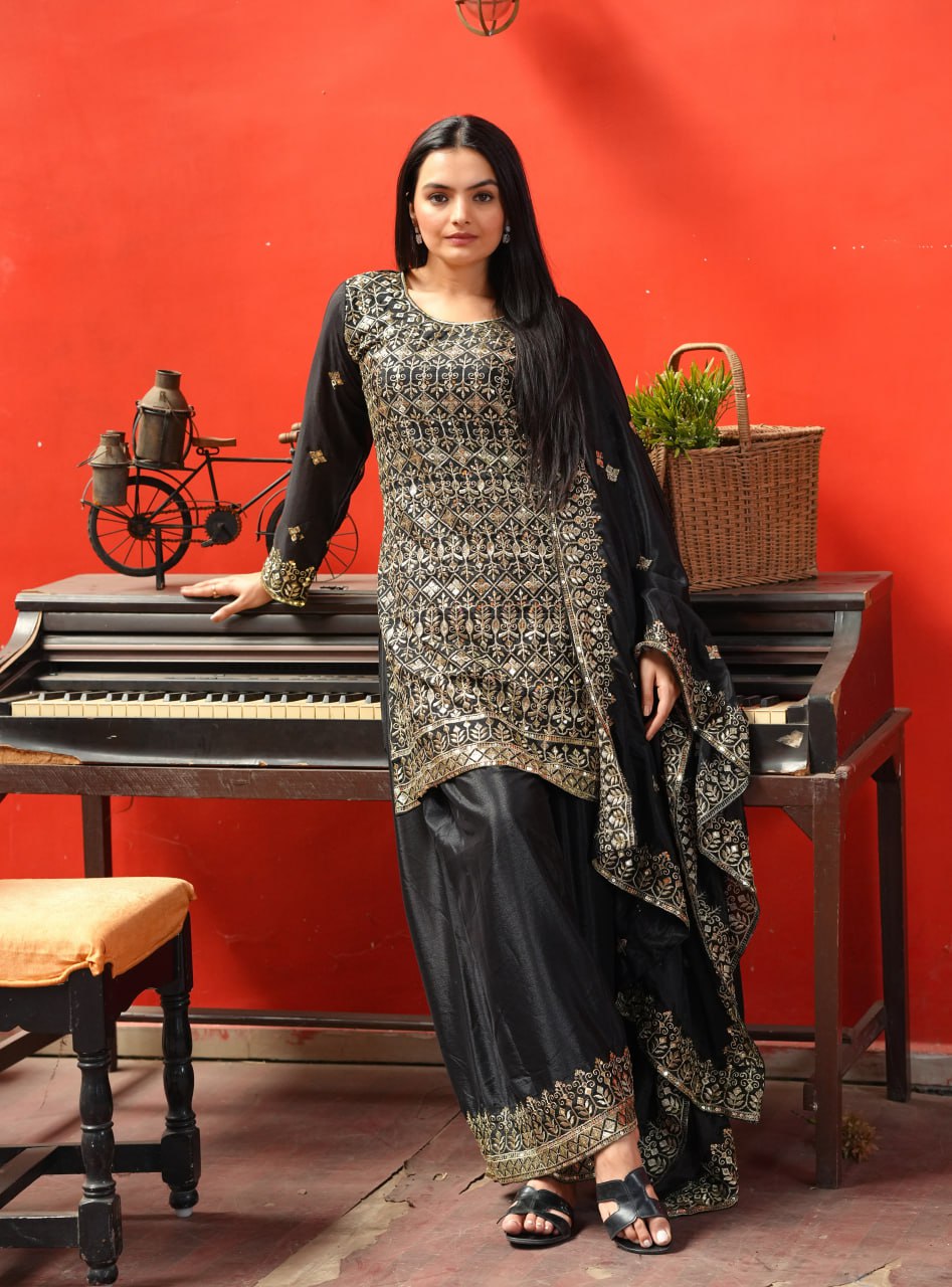 Chinon Embroidered Sharara Suit Set with Dupatta – Sequence Work Ethnic Wear for Women
