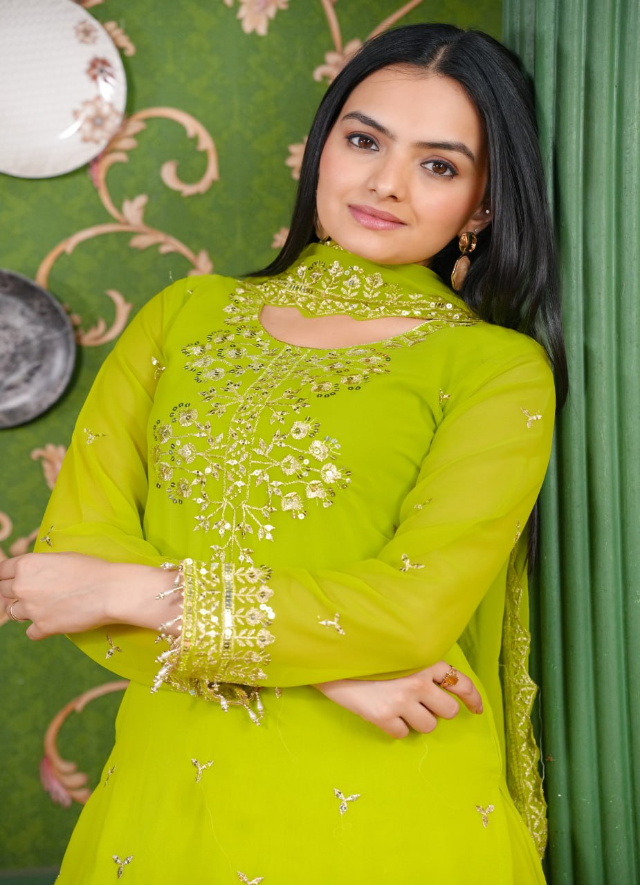 Georgette Embroidered Sharara Suit Set with Dupatta – Fully Stitched Partywear for Women