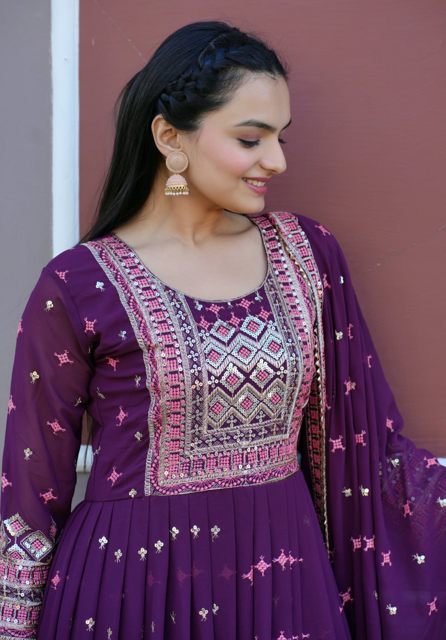 Fox Georgette Embroidered Gown Set with Dupatta – Elegant Fully Stitched Ethnic Wear for Women