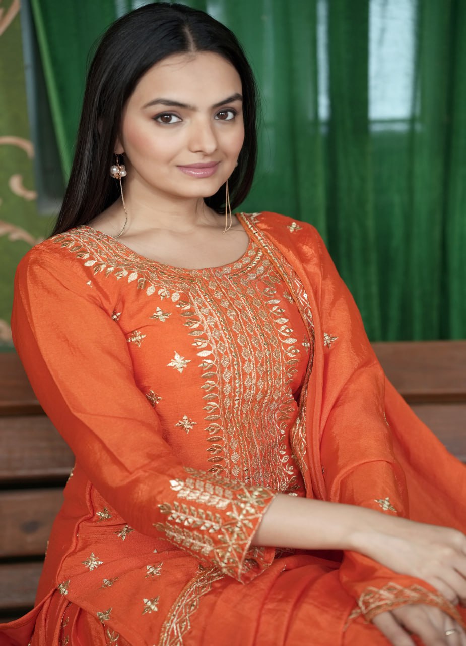 Chinon Embroidered Sharara Suit Set with Heavy Dupatta – Fully Stitched Festive & Party Wear for Women