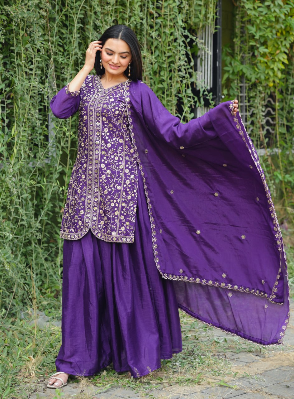 Chinon Sequence Embroidered Sharara Suit Set for Women - Traditional & Party Wear