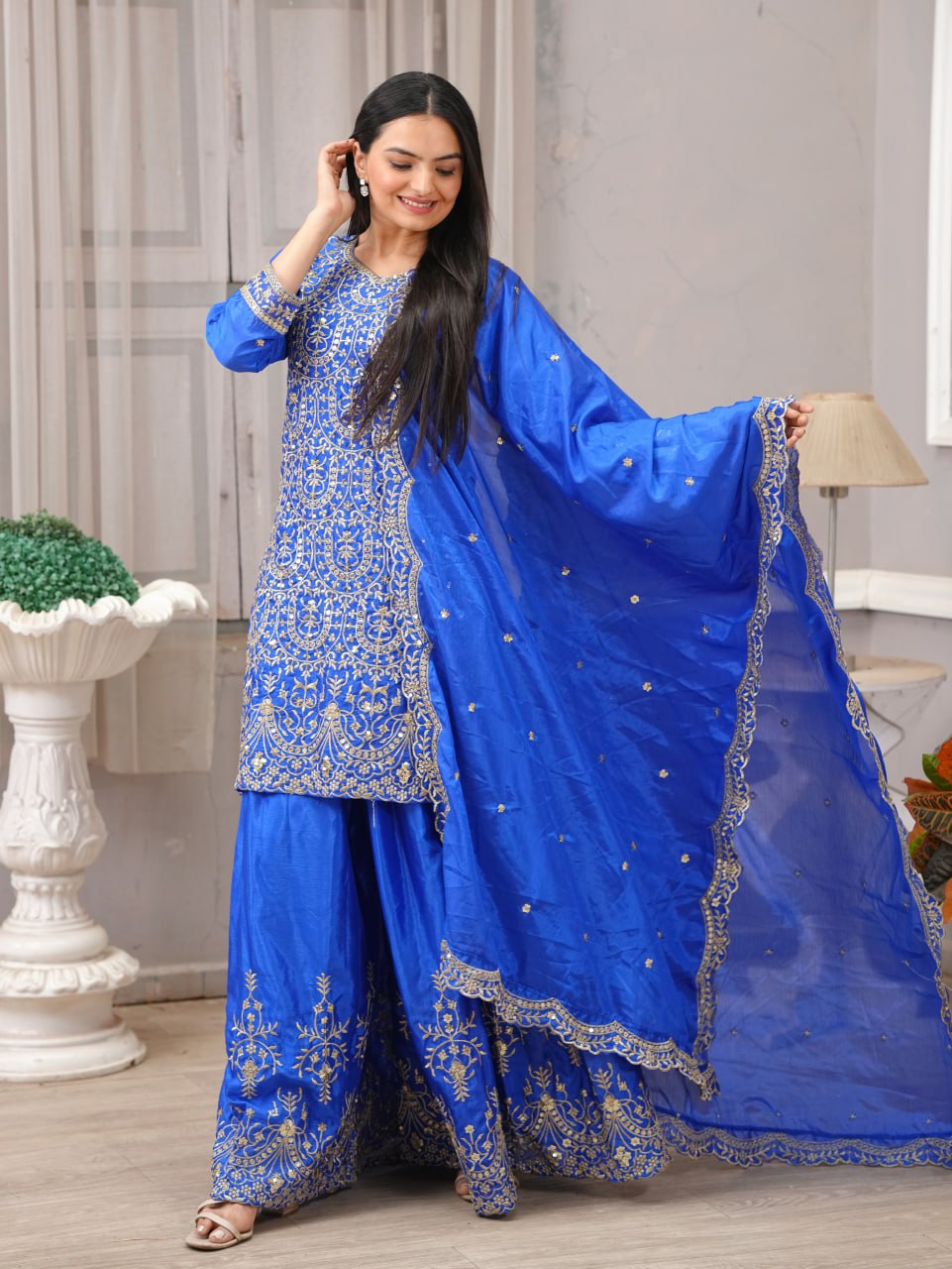 Chinon Sequence Embroidered Sharara Suit Set for Women - Traditional & Party Wear