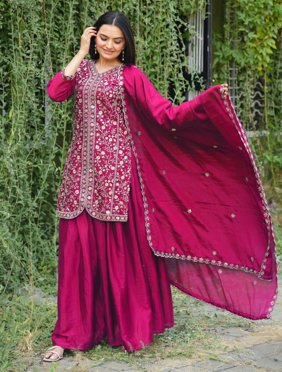 Chinon Sequence Embroidered Pink Sharara Suit Set for Women - Traditional & Party Wear