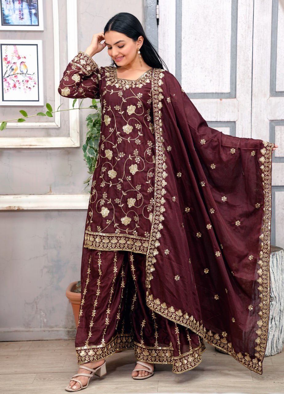 Chinon Embroidered Brown Sharara Set with Real Kodi Lace Border