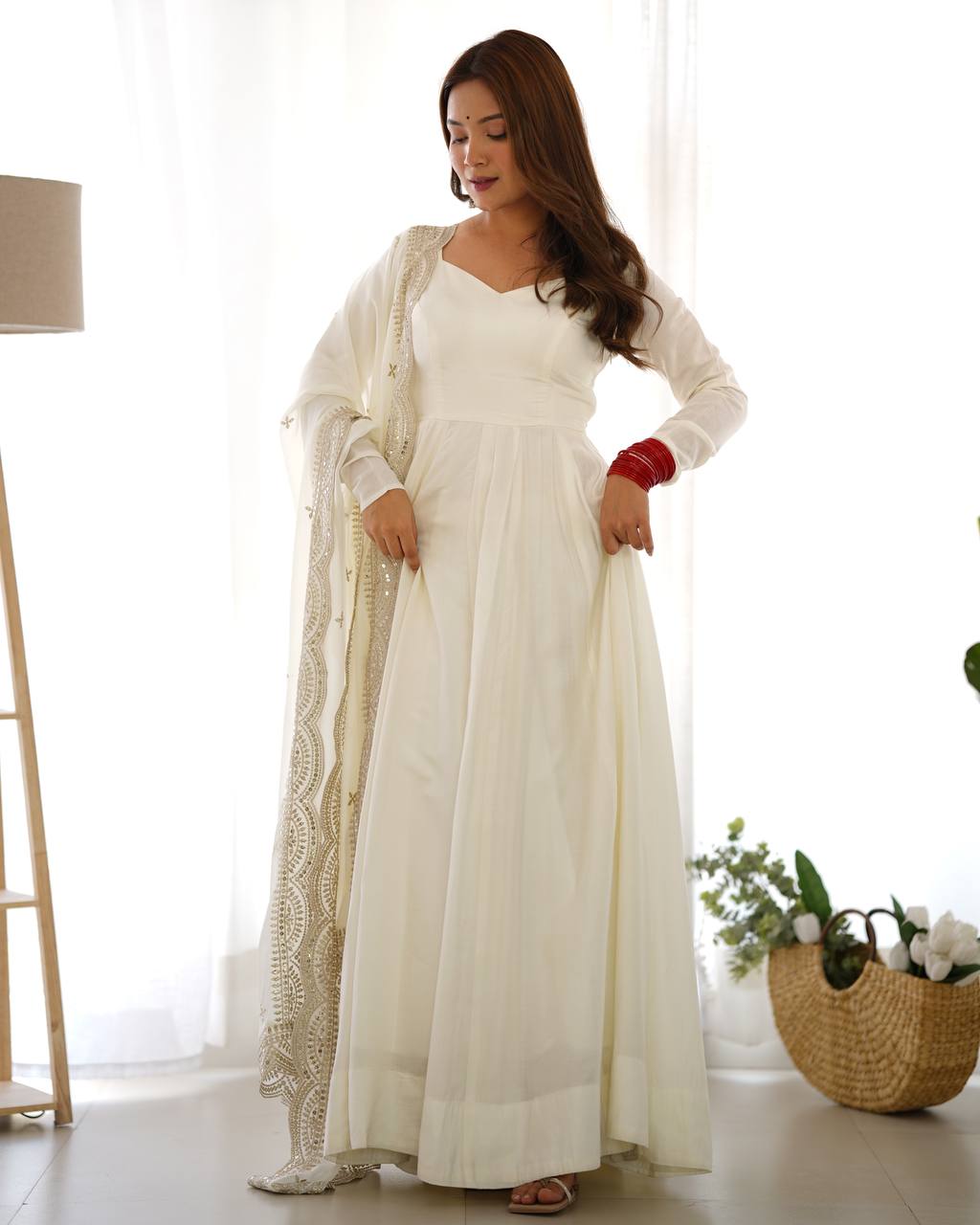 Elegant 16 Kali Romansilk Chanderi White Anarkali Set with Embroidery Dupatta