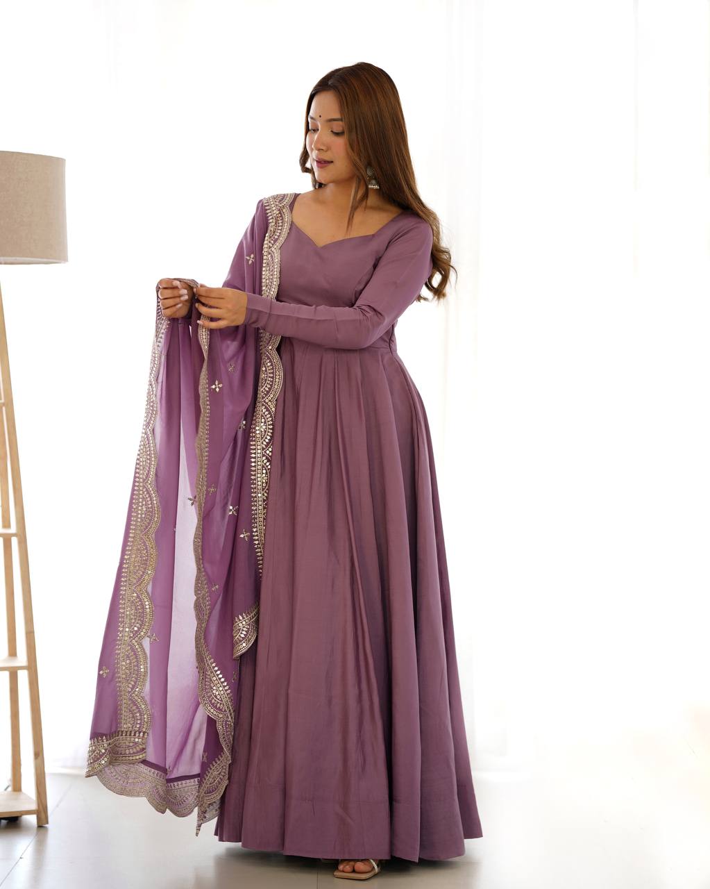 Elegant 16 Kali Romansilk Chanderi Lavender Anarkali Set with Embroidery Dupatta