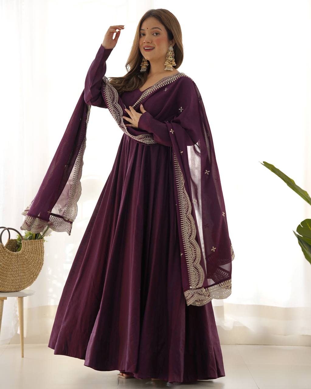Elegant 16 Kali Romansilk Chanderi Wine Purple Anarkali Set with Embroidery Dupatta