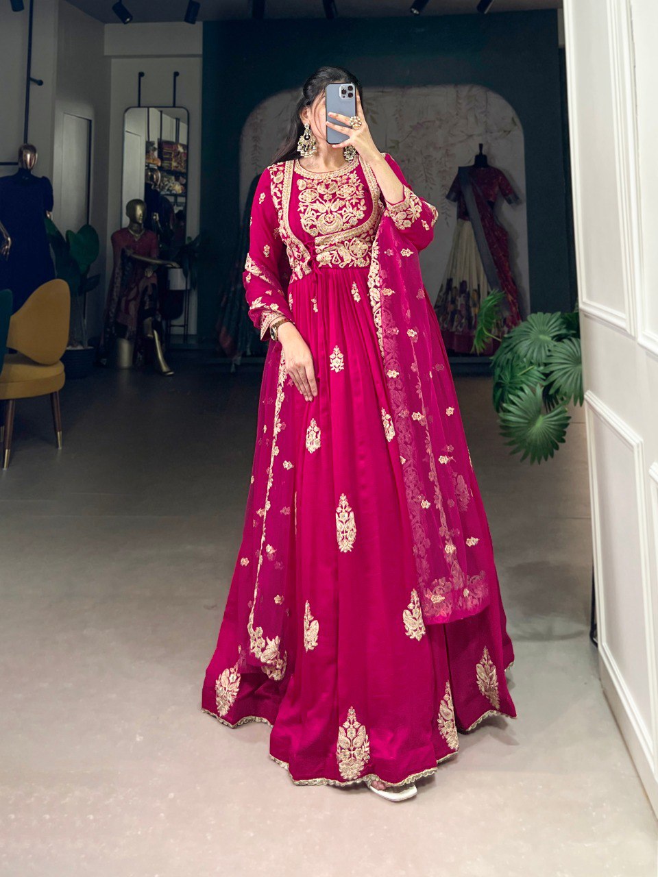 Elegant Vichitra Silk Gown with Net Dupatta - Sequins and Thread Embroidery
