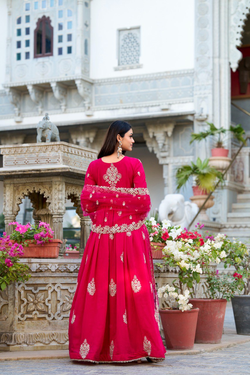 Elegant Vichitra Silk Gown with Net Dupatta - Sequins and Thread Embroidery