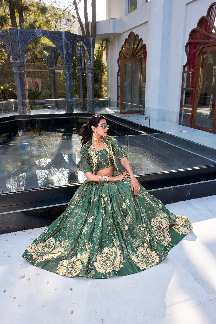 Elegant Tussar Silk Floral Printed Green Lehenga Set with Blouse and Koti