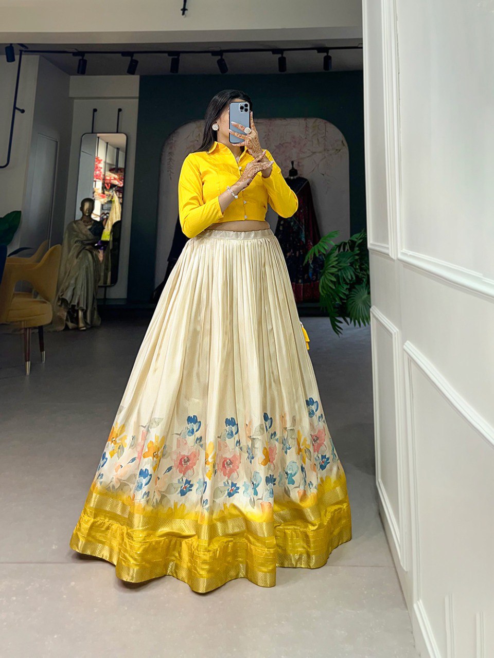 Yellow Color Floral Print With Sequins And Zari Border Dola Silk Co-ord Set Lehenga