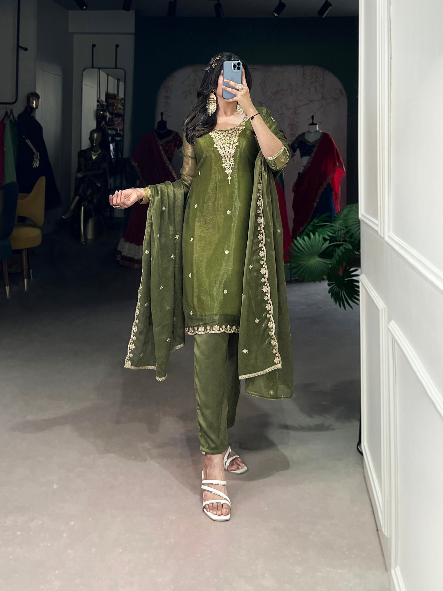 Elegant Gold Coin Fabric Embroidered Green Top and Bottom Set with Dupatta