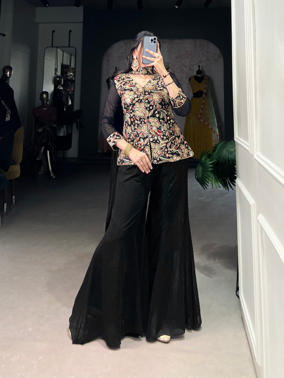 Stylish Georgette Embroidered Stitched Black Top Bottom Set with Dupatta