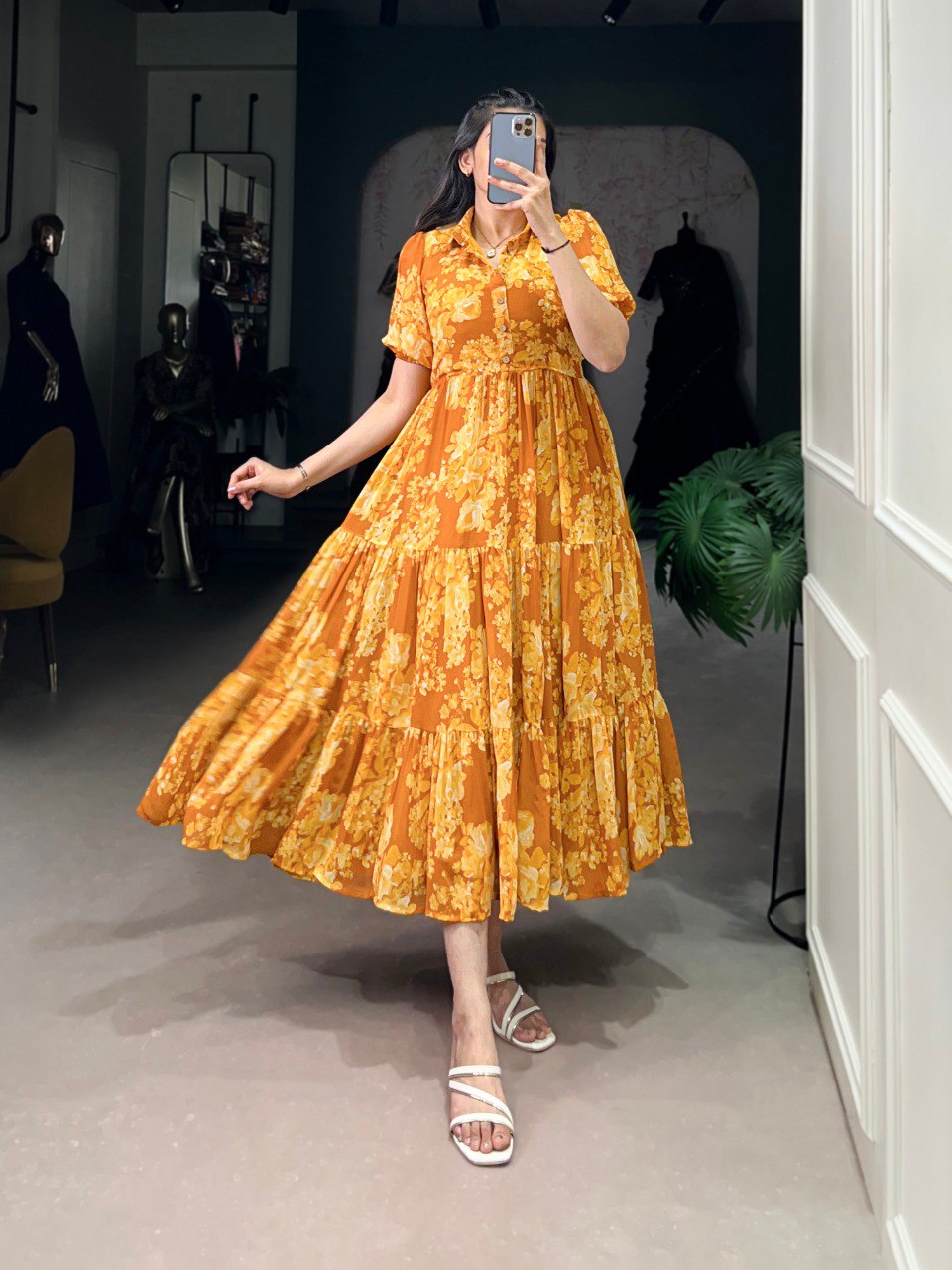 Elegant Floral Print Georgette Mustard Yellow Frock for Women