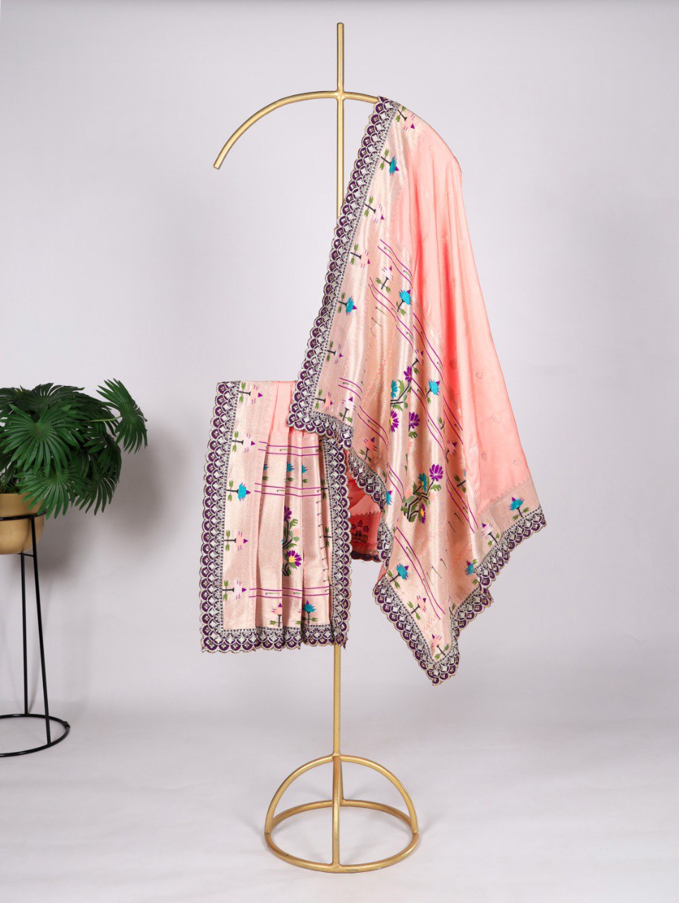 Premium Jacquard Silk Zari Weaving Peach Dupatta with Embroidery Lace Border