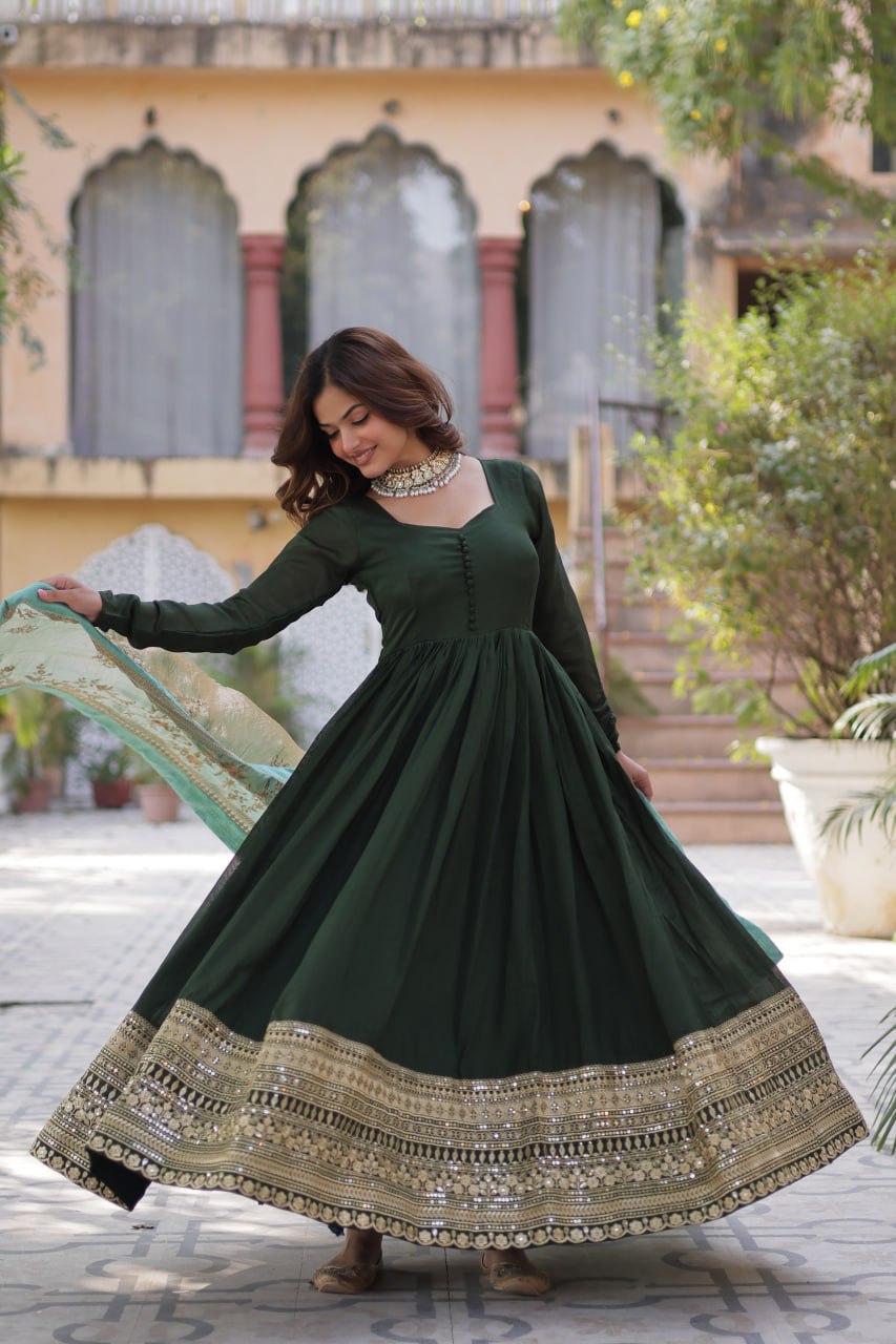Elegant Shimmer Vichitra Silk Gown with Sequins Embroidery and Fendi Dupatta Set