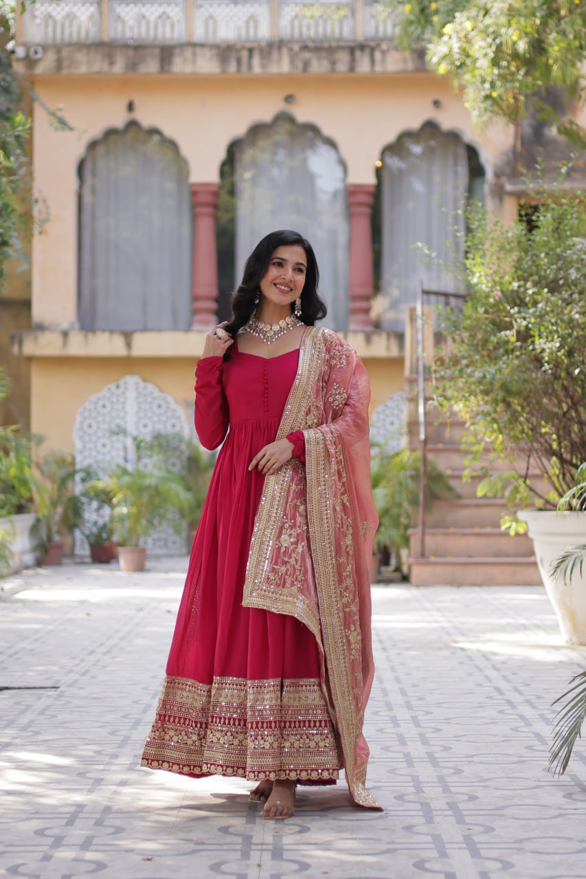 Elegant Shimmer Vichitra Silk Pink Gown with Sequins Embroidery and Fendi Dupatta Set